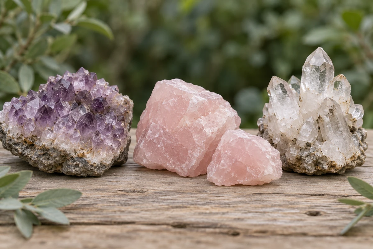 Amethystdruse, milchig-rosa Rosenquarz und klare Bergkristalle mit natürlichen Strukturen und Einschlüssen auf Holz