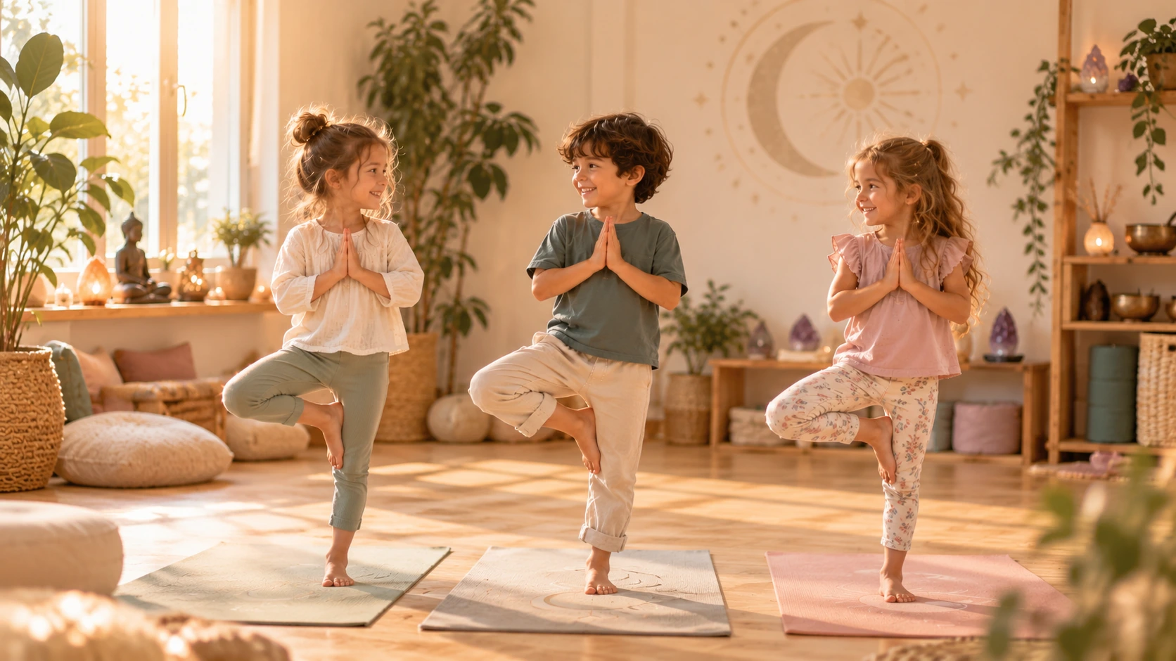 Drei Kinder üben die Baumhaltung auf Yogamatten in einem warmen, sonnigen Raum