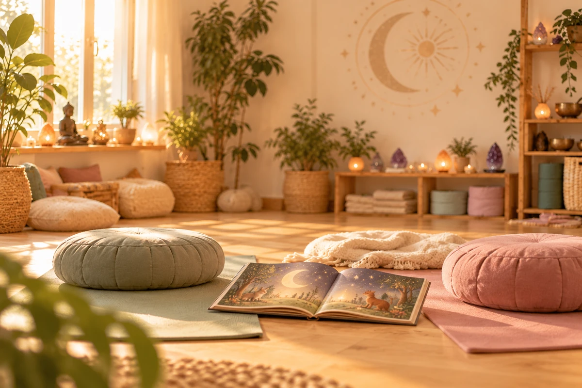 Zwei kleine Sitzkissen auf salbeigrüner und rosafarbener Yogamatte mit einem offenen Geschichtenbuch und einer kuscheligen Decke im warmen Yogaraum
