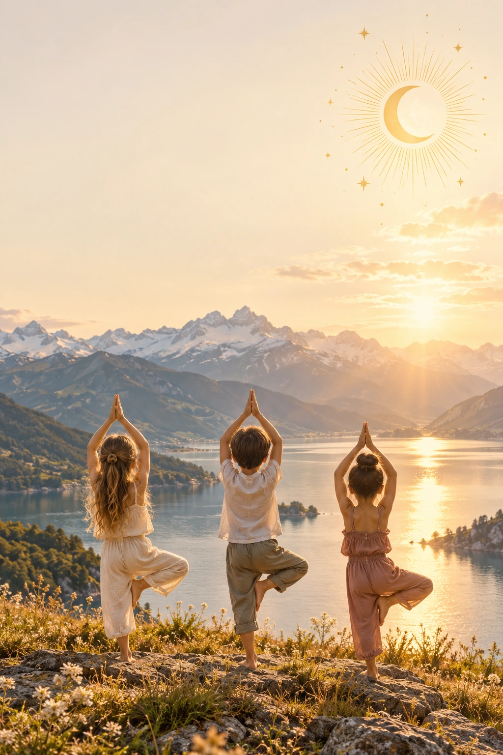 Drei Kinder beim Yoga am See im warmen Abendlicht, darüber Sonne und Mond