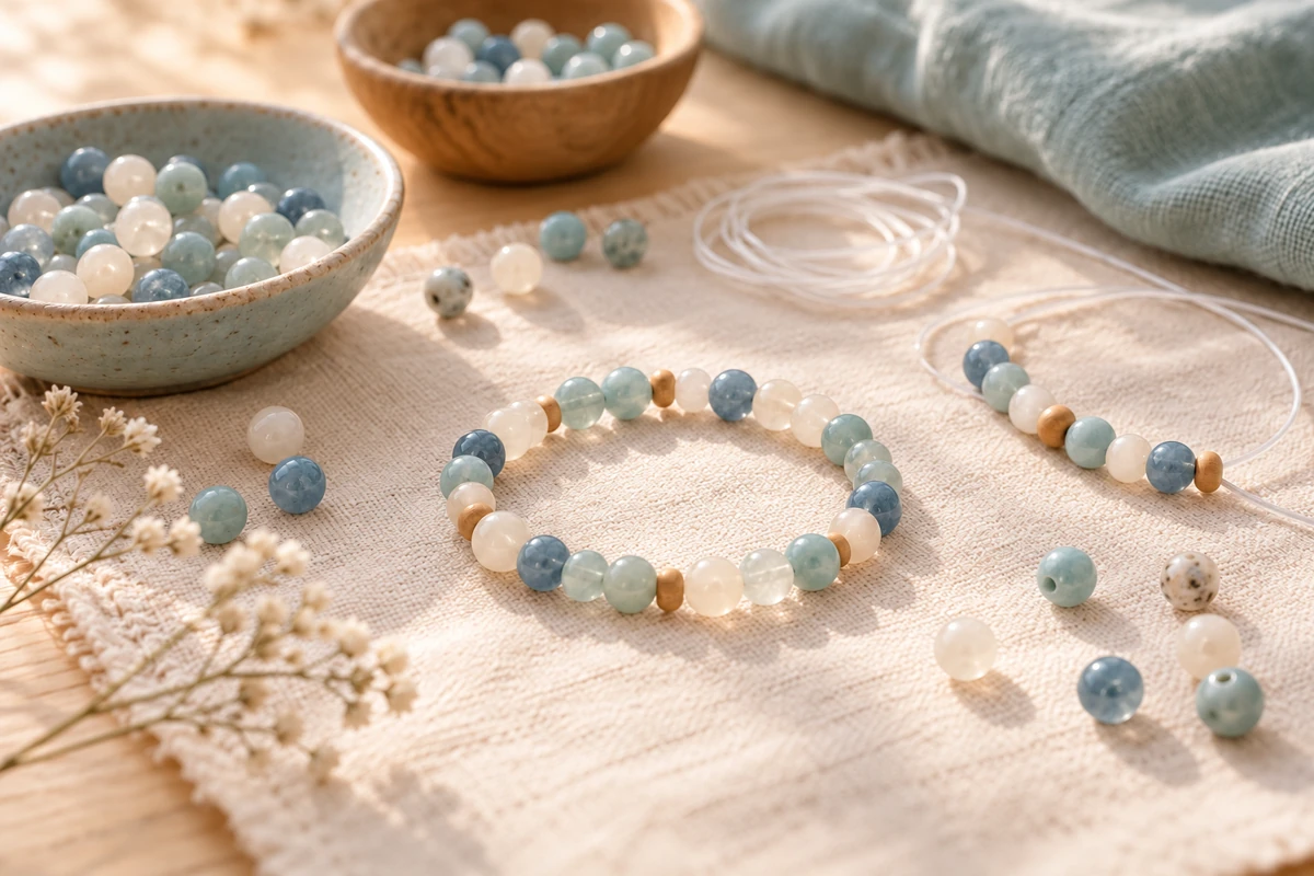 Ein selbst gemachtes Armband aus sanft blauen, salbeigrünen und cremefarbenen Edelsteinperlen mit goldenen Akzenten auf hellem Leinen
