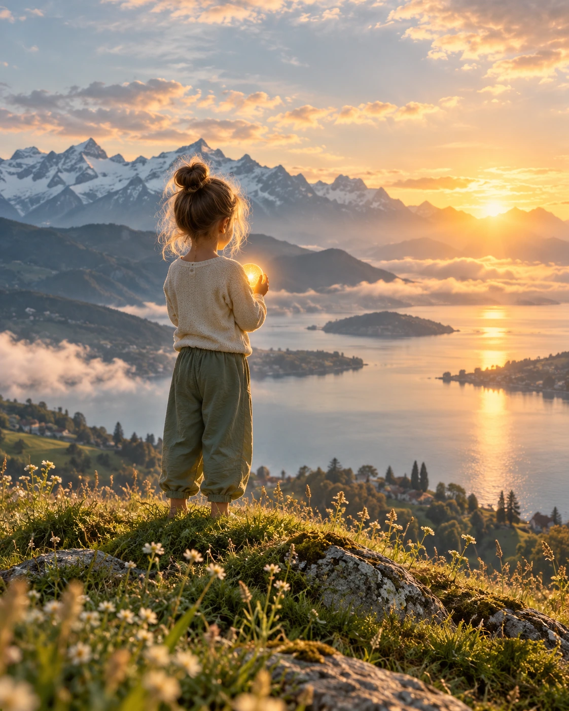 Ein Kind trägt einen warmen Lichtfunken und blickt über den See