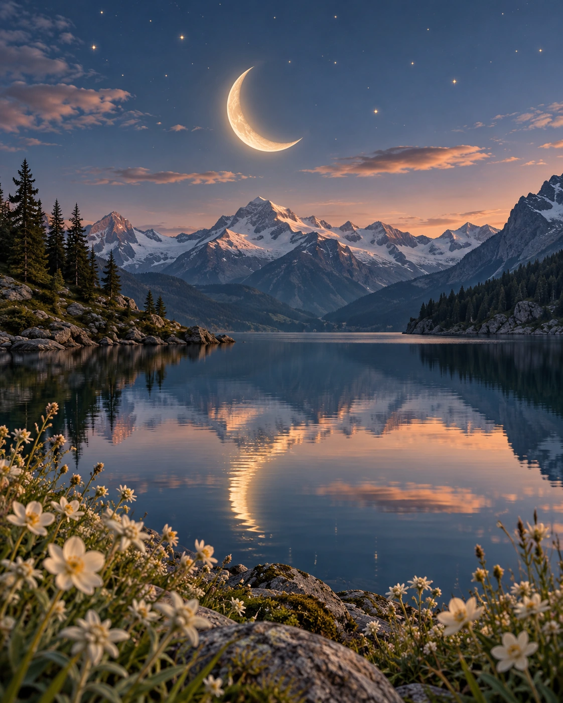 Eine Mondsichel spiegelt sich im stillen Bergsee