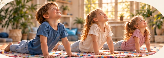Kinder entdecken spielerisch Yoga auf einer bunten Matte